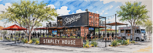 Watercolor rendering of Stapleys with a food truck parked along the street